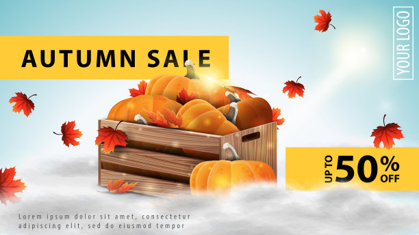 秋季销售，轻折扣网站横幅为您的网站与成熟的南瓜和秋天的屋檐木箱图片下载