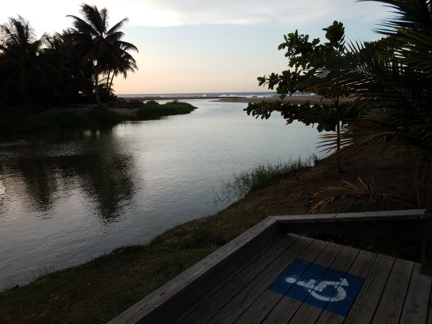 河边木板路上的蓝色轮椅标志图片下载