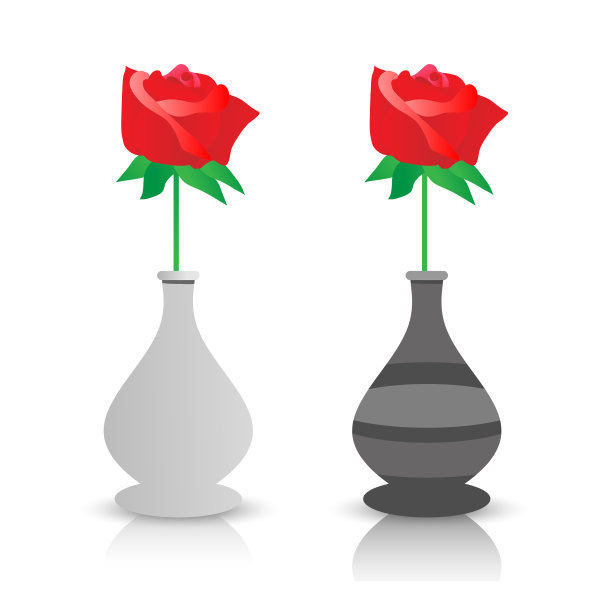 白色背景下，灰色花瓶里插着一朵红玫瑰图片下载