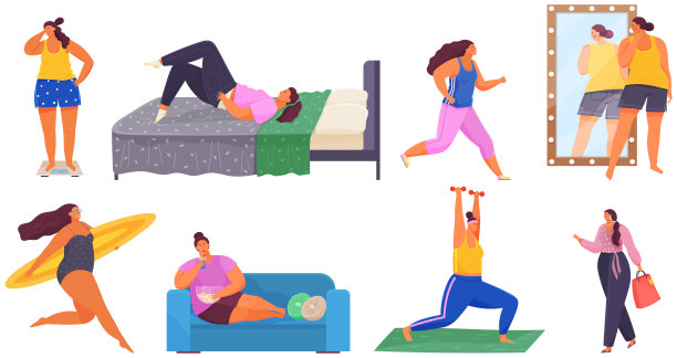 胖女人的日常例行设置八个场景与超大女士休息，散步，运动图片下载