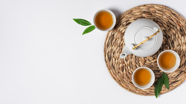 托盘与茶壶和茶杯与茶饮料顶视图上的白色背景。图片下载