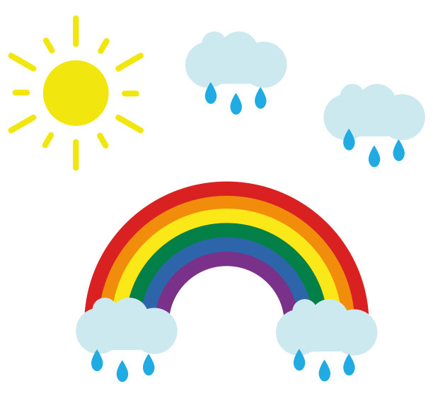 彩虹与云，雨滴和太阳在白色的背景图片下载