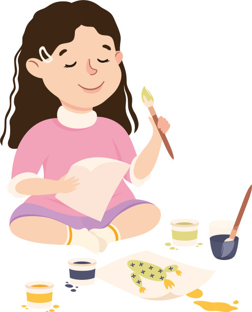 可爱的女孩坐在地板上画画图片下载