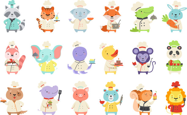 设定可爱的动物角色在厨师制服图片下载