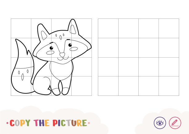 复制图片的方块和颜色，它测试学习儿童游戏与简单的轮廓插图一个可爱的狐狸为最小的孩子。儿童野生动物的乐趣和学习图片下载