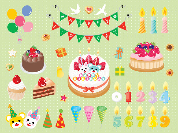 设置国旗，蛋糕和蜡烛的生日插图。图片下载
