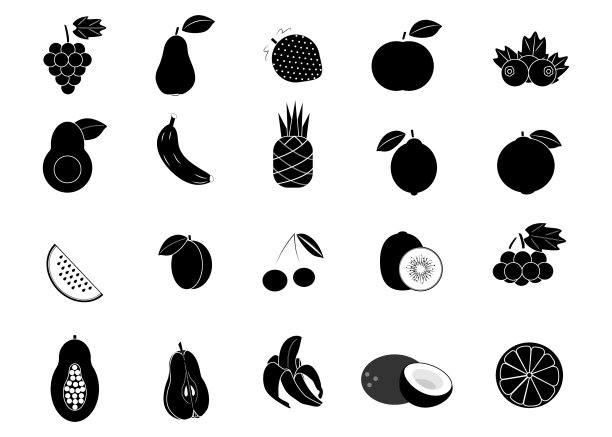 简单的一组水果相关的向量线图标。包含柠檬，草莓，葡萄，橙子，西瓜，猕猴桃，椰子，樱桃，菠萝，鳄梨，蓝莓，苹果和其他图标。图片下载