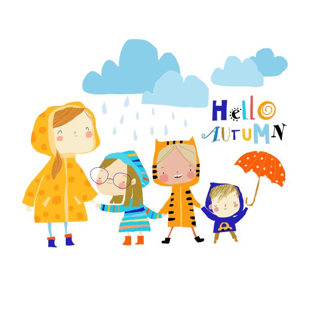 插图的孩子穿着五颜六色的雨衣和靴子图片下载