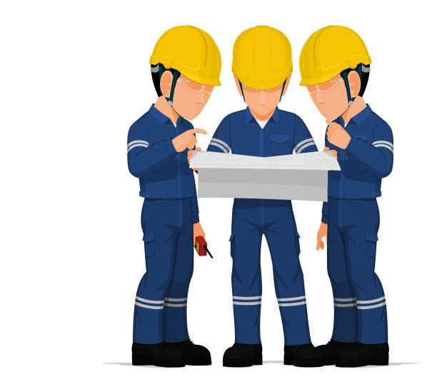三个工人正在讨论工程图纸。图片下载