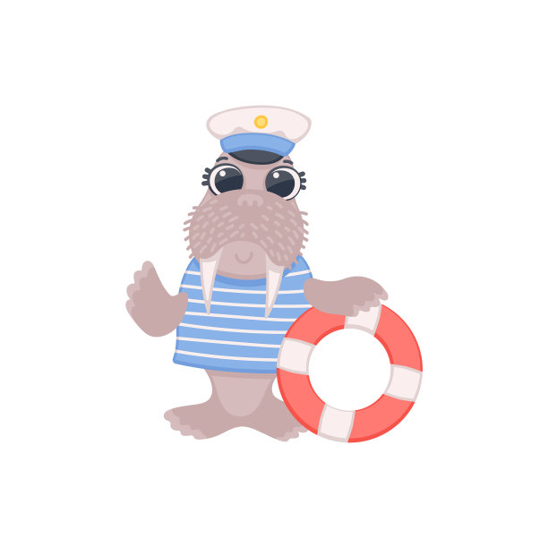滑稽滑稽的海象水手与救生圈扁平图片下载