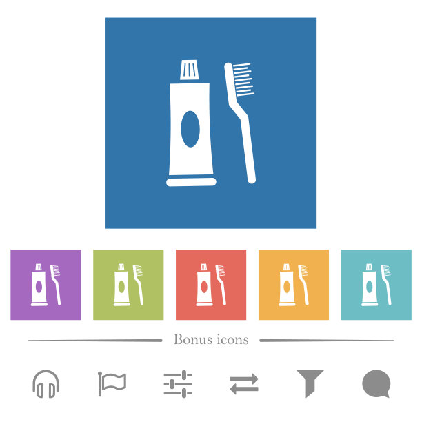 牙刷和牙膏管平面白色图标在方形背景图片下载