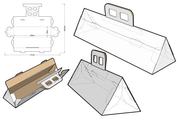 三角折叠盒与处理和模切模式。eps文件具有完整的规模和功能。为真正的纸板制作准备。图片下载