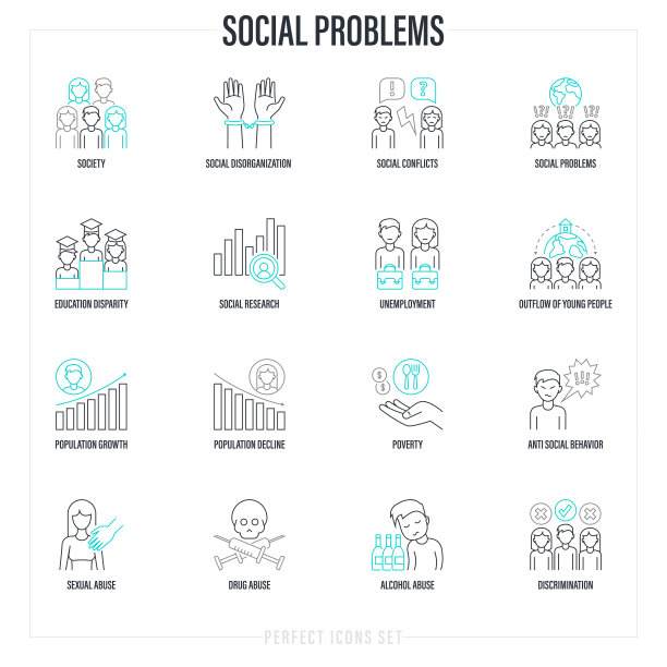 社会问题细线图标集：不可预测的未来、社会调查、反社会行为、教育差距、失业、青年外流、贫困、性虐待。矢量图图片下载