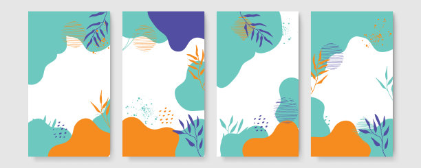 抽象现代植物波西米亚海报收集。有机波西米亚墙艺术海报与水彩抽象形状。中性柔和的颜色，树叶画图片下载