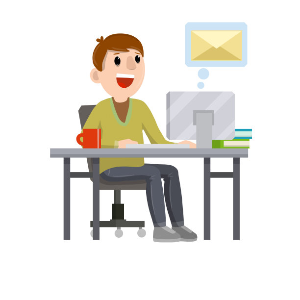工作的自由。在信封里收到电子邮件。男孩聊天。卡通平面插图-年轻男子坐在桌子旁，打字信息在社交网络上的朋友图片下载