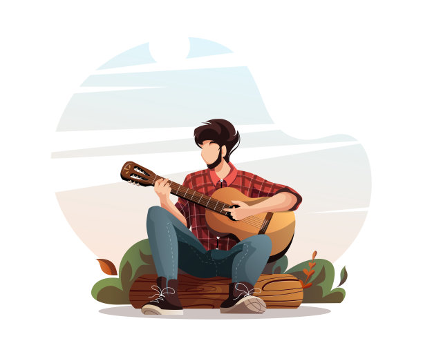 一个拿着吉他的人坐在一根原木上。夏季露营，旅游，旅行，徒步旅行，露营，自然，旅行的概念。图片下载