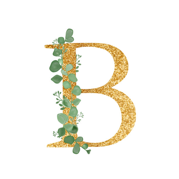 金花字母B与桉树叶枝花束。一个贺卡。婚礼的元素。印刷插图。打印。用绿枝和字母组成图片下载