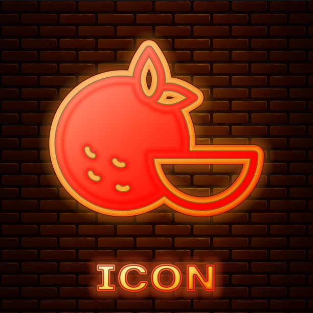 发光的霓虹灯橙色水果图标孤立在砖块上图片下载