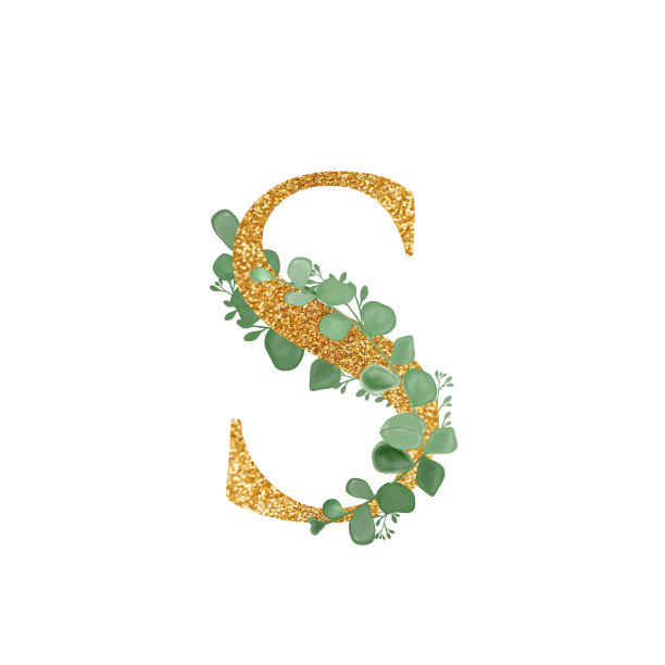 金花字母字母S与桉树叶枝花束。一个贺卡。婚礼的元素。印刷插图。打印。用绿枝和字母组成图片下载