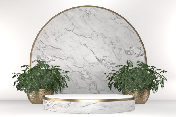 热带白色裙房几何和植物装饰的白色背景。3d渲染图片下载