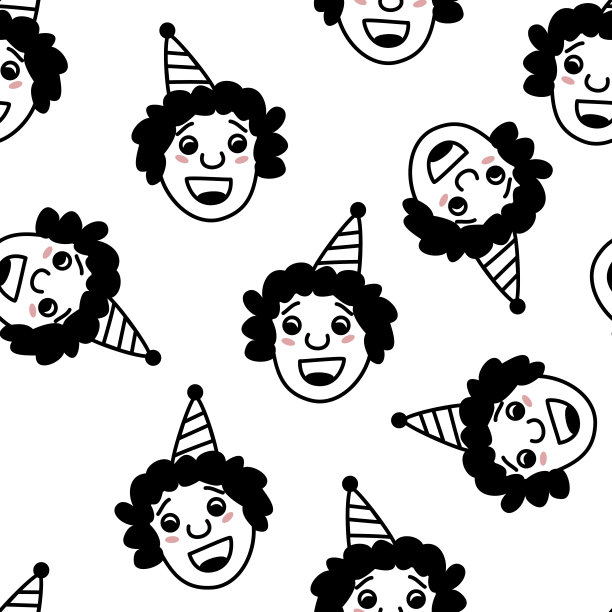 手绘涂鸦风格年轻快乐的男人的脸背景。时尚的黑白矢量无缝图案。图片下载