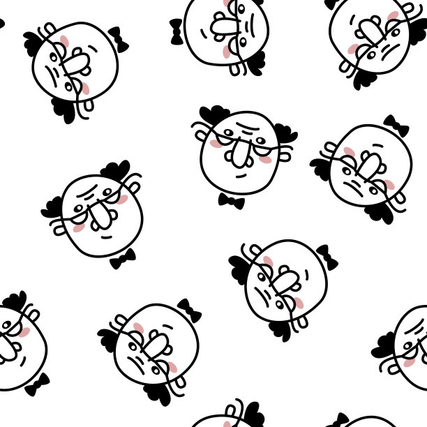 手绘涂鸦风格的老人脸与眼镜的背景。时尚的黑白矢量无缝图案。图片下载