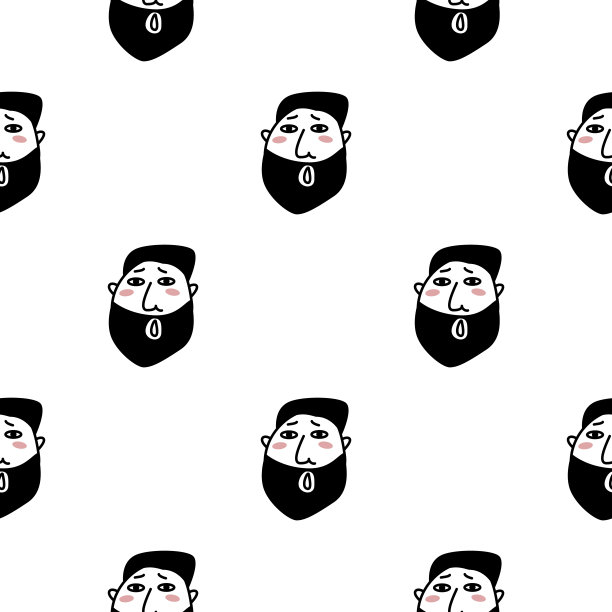 手绘胡须男士头像背景，黑白潮流无缝图案图片下载