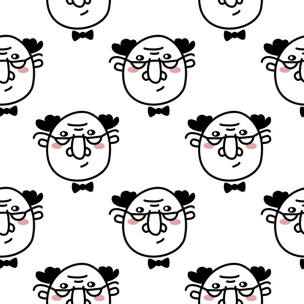 手绘涂鸦风格的老人脸与眼镜的背景。时尚的黑白矢量无缝图案。图片下载