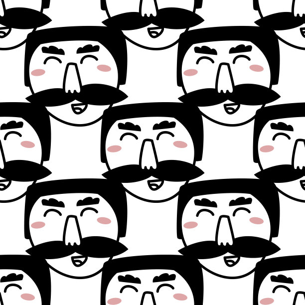 带浓密胡须的男人脸部手绘涂鸦风格。流行的黑白矢量无缝图案图片下载