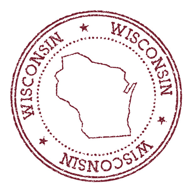 威斯康辛圆形橡皮图章上有美国州地图。图片下载