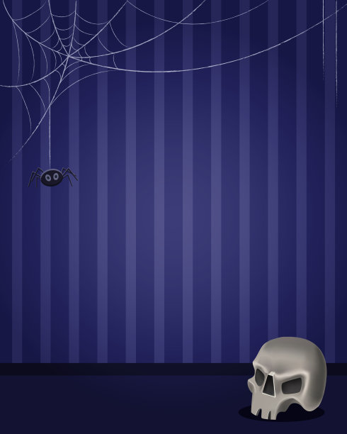 蓝色墙壁背景上有骷髅和蜘蛛网的万圣节卡片图片下载