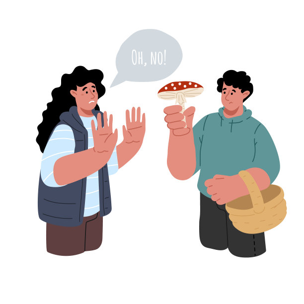 概念识别蘑菇。一对男女试图鉴别蘑菇的种类。矢量平面插图。图片下载