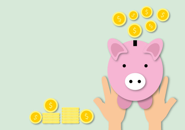 有粉红色储蓄罐和绿色背景的硬币的人。图片下载