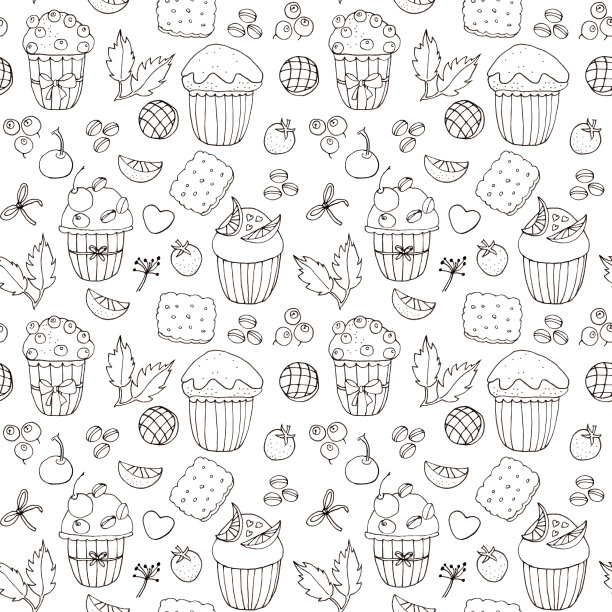 用松饼、饼干、浆果和香料绘制艺术无缝图案。手绘元素在白色孤立的背景。图片下载