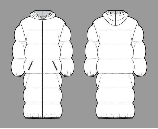 羽绒服外套技术时尚插图与长袖，帽衫领，拉链关闭，膝盖长度图片下载