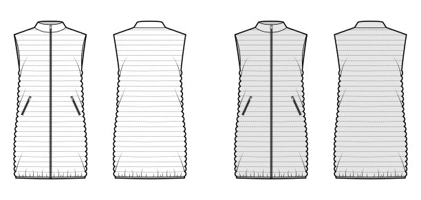 羽绒马甲技术时尚插画立领，拉链关闭，宽松，大腿长度图片下载
