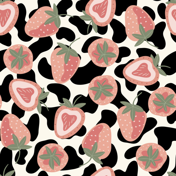 无缝模式与粉色草莓和黑色斑点的牛在涂鸦风格，矢量插图图片下载