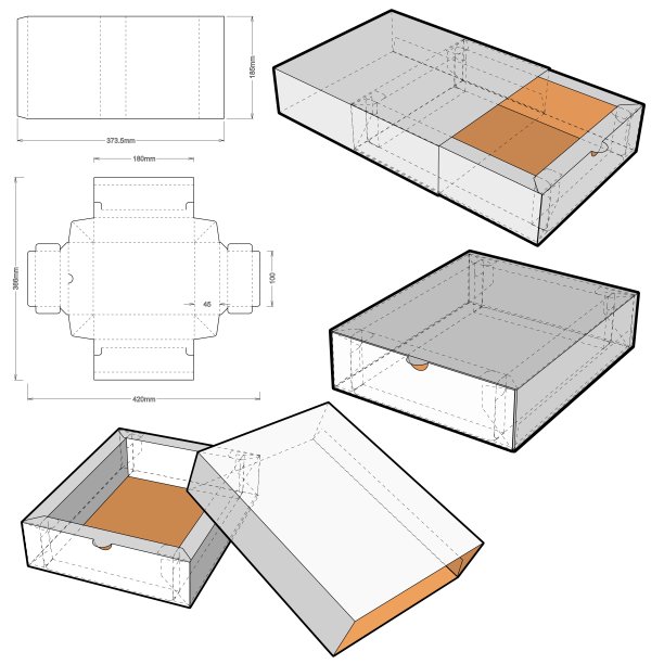 蛋糕盒(内部尺寸18x10+4.5厘米)和模切图案。eps文件具有完整的规模和功能。为真正的纸板制作准备。图片下载