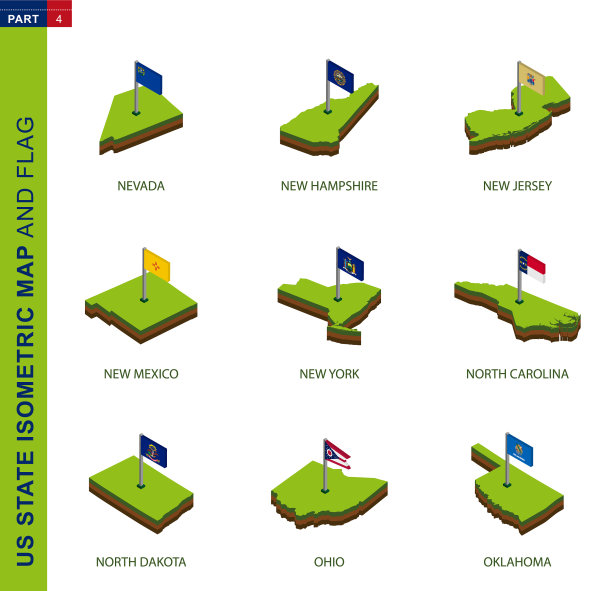 设置9个等距美国州地图和旗帜3d图片下载