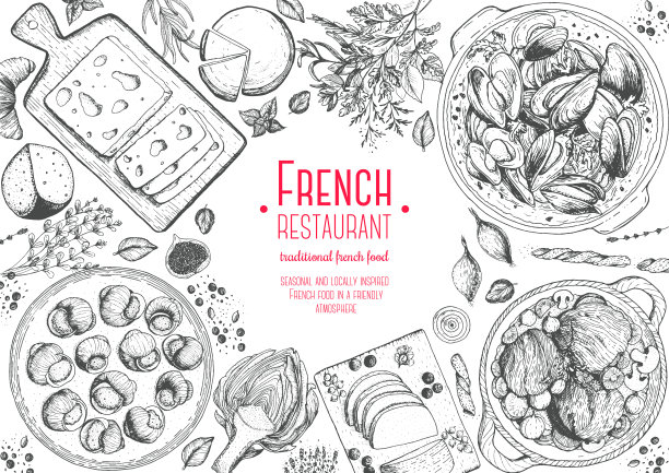 法国美食顶视图框架。一套经典的法国菜，有勃艮第牛肉，贻贝，蜗牛，鹅肝，奶酪，朝鲜蓟。食品菜单设计模板。手绘草图矢量插图。图片下载