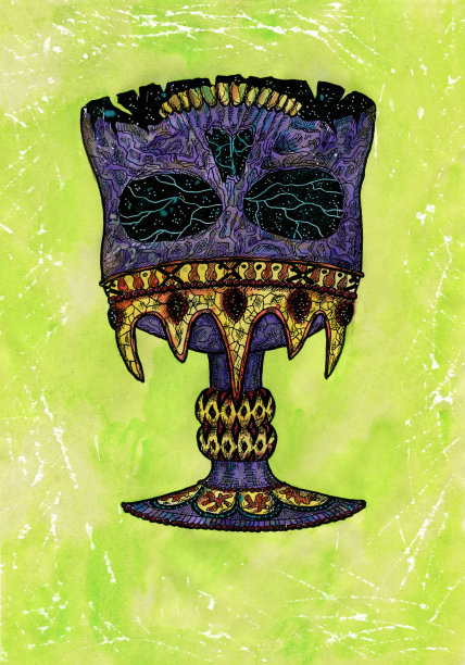 风格水彩插图令人毛骨悚然的头骨作为一个杯子在绿色背景。图片下载