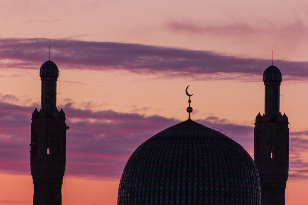 穆斯林清真寺在美丽的日落星和新月图片下载