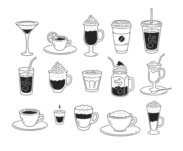 线条艺术设置咖啡杯图片下载