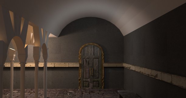 一个黑暗背景下的旧大厅的3d渲染图图片下载