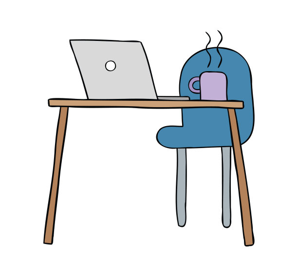 卡通书桌，茶或咖啡椅和笔记本电脑图片下载