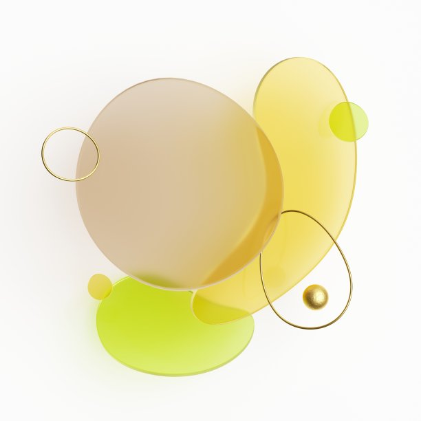 3d渲染，抽象几何背景与彩色玻璃形状和金线图片下载