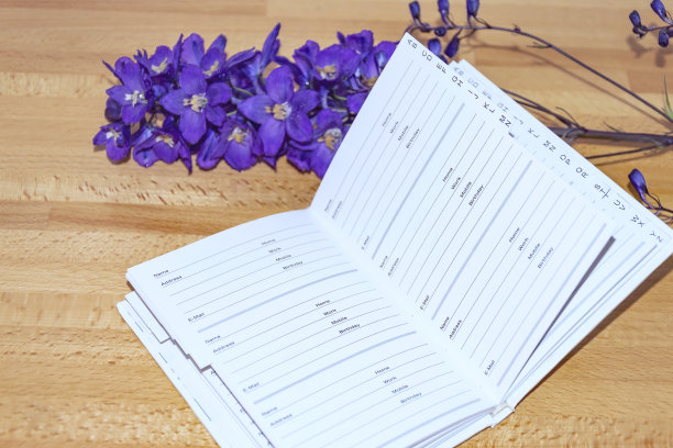 笔记本,地址簿。花的铃铛是紫色的。特写镜头。图片下载
