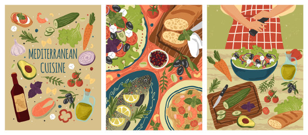 地中海食物搭配鱼、沙拉和蔬菜图片下载