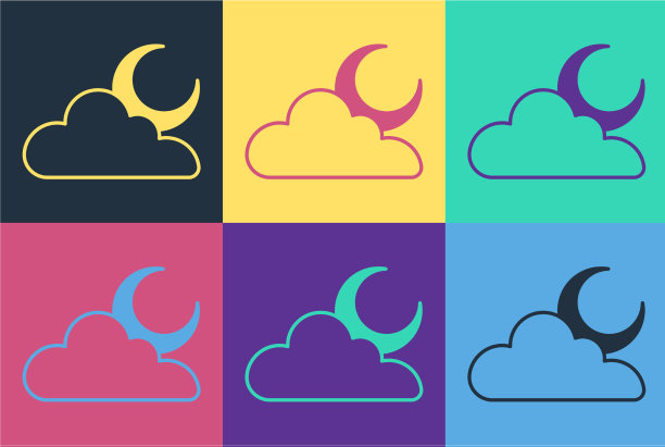 流行艺术云与月亮图标孤立的颜色图片下载