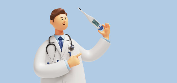 3d渲染，医生卡通人物与听诊器，持有温度计。医学剪贴画隔离在蓝色背景上图片下载